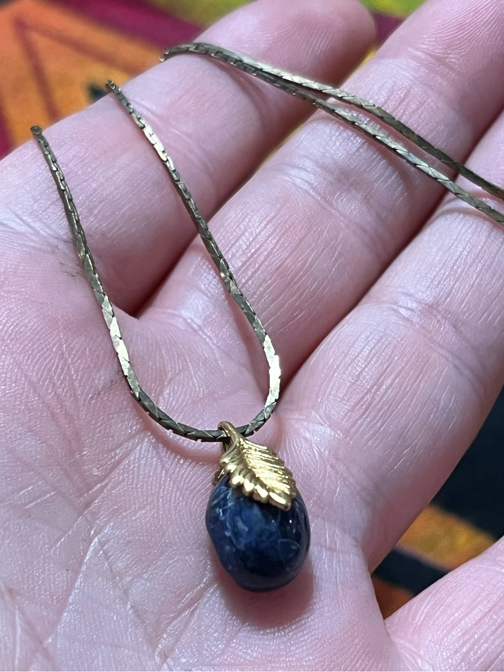 Vintage Lapis Lazuli Stone Gold Tone Metal Costume Jewelry Pendant Necklace